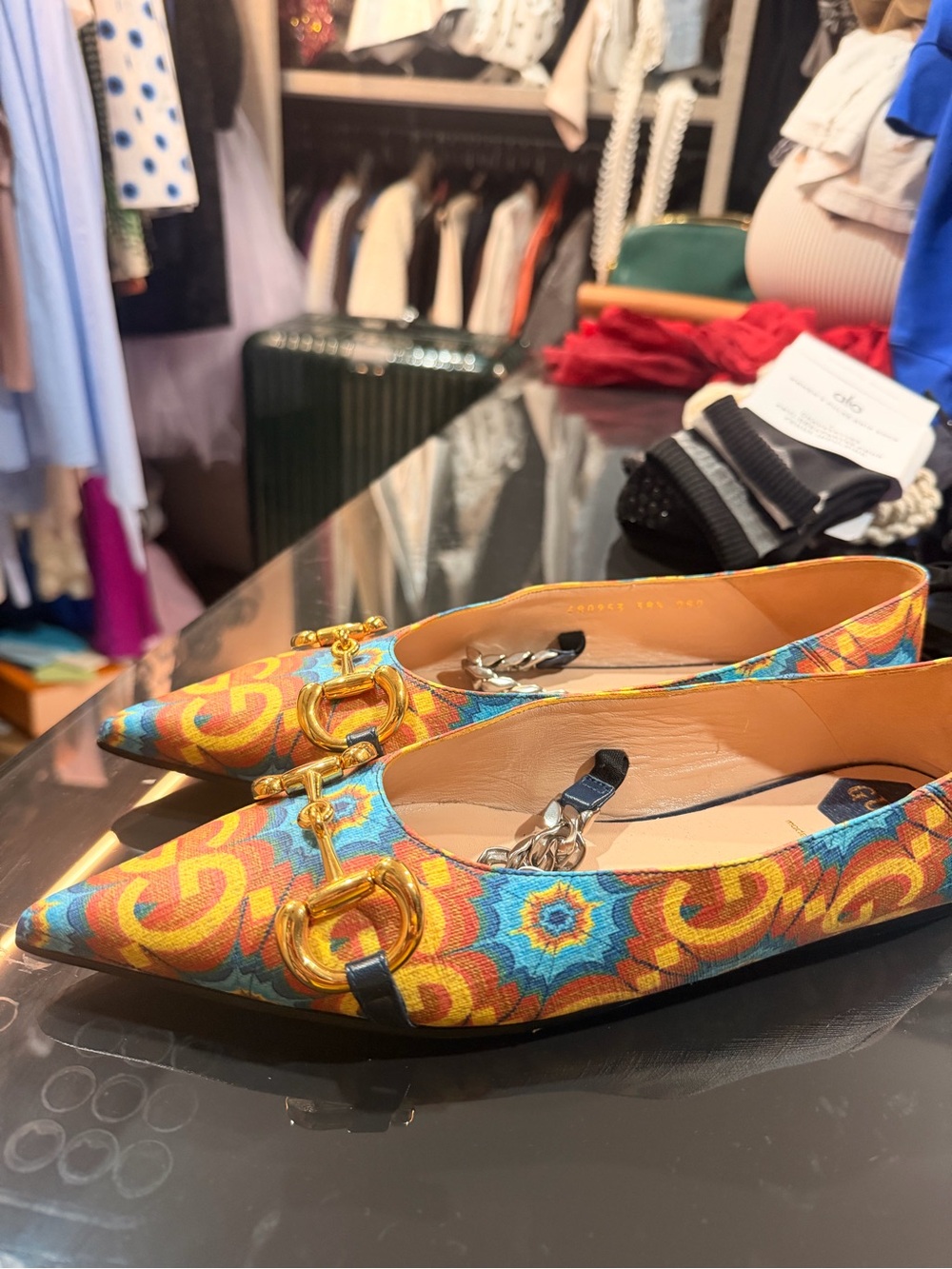 Gucci Multicolor Geometric Floral Pointed Flats with Gold Horsebit
